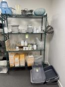 4-shelf Wire Rack and Contents including crockery, cutlery, plastic tubs, etc (located in main