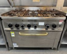Hobart stainless steel 6-ring Gas Range, 1100mm x 750mm x 900mm (located in coffee area)