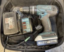 Makita HP457D 18-volt Rechargeable Hammer Drill, with case, spare battery and charger (location in