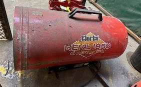 Clarke Devil 1850 Space Heater, 240volts, with protective cage (location in premises: fabrication