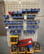 2 Parts Bin Racks, Bins and Contents including screws, rivets, bolts, fixings, trolley wheels,