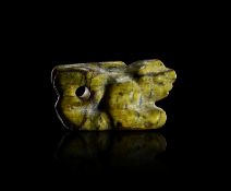 ELAMITE GREEN MOTTLED STONE SEATED ANIMAL AMULET, CIRCA: 2000 B.C.