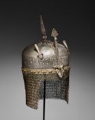 A PERSIAN STEEL & SILVER INLAID DAMASCENED KHULAH KHUD HELMET, WITH CHAIN MAIL NECK GUARD, 18TH/19TH