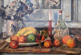 Kliefert, Erich (1893 Berlin - 1994 Stralsund) "Großes Herbststillleben mit Obstschale und Wein"