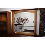 Large Oak framed overmantle mirror with bevelled glass. Measures 39 x 39 inches. See photos. 