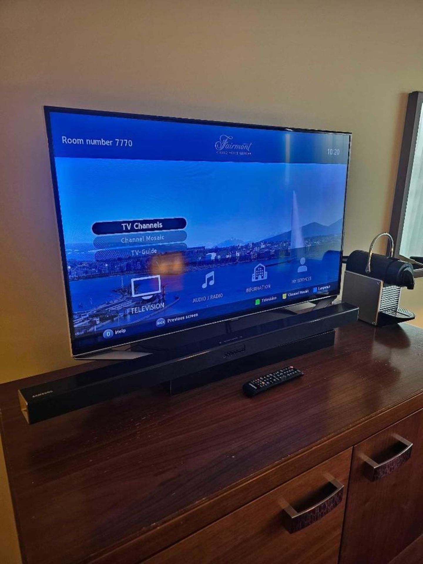 Hotel Television with Soundbar Woofer and Apple TV Module Room 4479 Samsung HG43AU800EU 43 inch TV