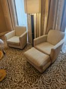 A pair of Armchairs with single foot stool – Contemporary Upholstered Lounge Chairs in Textured