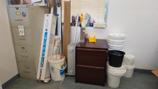 LOT FILE CABINETS, HEATER, LIGHTS, BUCKETS AND CLEANERS