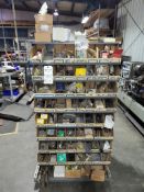 DOUBLE SIDED ROLLING LOUVERED RACK FILLED WITH ASSORTED HARDWARE