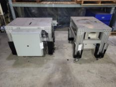 (2) CUSTOM ALUMINUM ROLLING TABLES WITH ASSORTED ELECTRICAL AND PNUEMATIC COMPONENTS