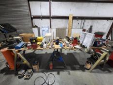 HEAVY DUTY STEEL SAW HORSES TABLE FILLED WITH ASSORTED TOOLS TOOLING AND M.R.O.