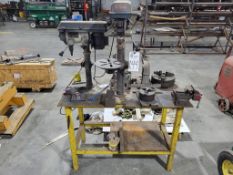 METAL WORK BENCH WITH ASSORTED PRESSES, CHUCKS, AND VICES