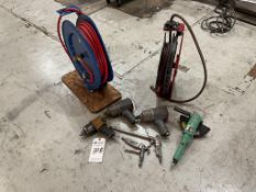 ASSORTED PNEUMATIC POWER TOOLS AND (2) HOSE REELS WITH HOSES ATTACHED