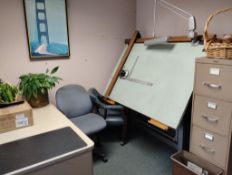 OFFICE EQUIPMENT- LARGE MANUAL DRAWING TABLE, DESK, CABINET, CHAIRS