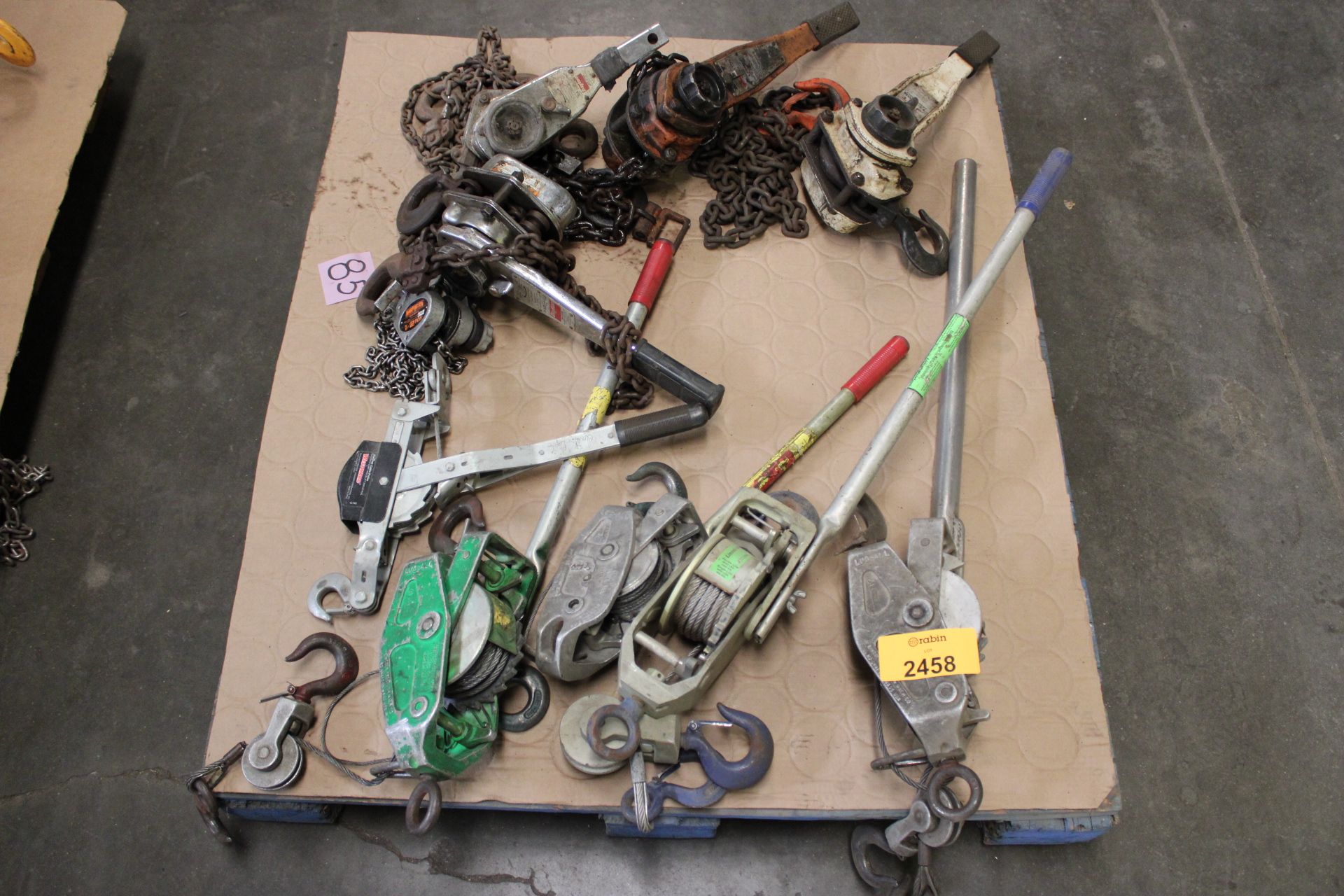 [Lot] of (9) Assorted come-a-long rachets wtih (1) pallet of assorted ...