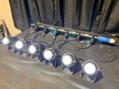 Set of 6x Eurolite IP Pinspot fitted with 16Amp T line. Full working order. Serviced and PAT tested.