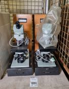 2x Watson Microsystem 70 binocular microscopes with wooden carry case
