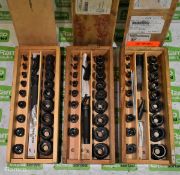 3x Ring punch sets in wooden storage box - MISSING ONE PIECE IN ONE SET