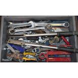 Tray of mixed hand tools - spanners, adjustable spanners, screwdrivers, snips, socket bits and ruler