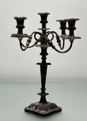 A 19thc style epns five-branch cadlabra with removable top on tapered column and weighted, shaped