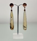 A pair of silver rose gold-plated drop earrings of teardrop opaque moss agate: l. x 6cm 19g