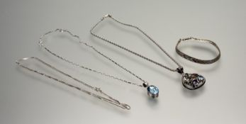 A collection of silver jewellery to include a heart-shaped pendant set amethyst, aquamarine, topaz