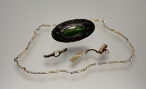 A yellow and white metal flat link chain necklace with lobster claw fastening: l. x 24cm, an