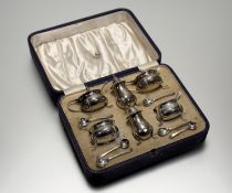 A Mappin & Webb Birmingham silver six-piece condiment set to include a pair of cauldron salt sellers