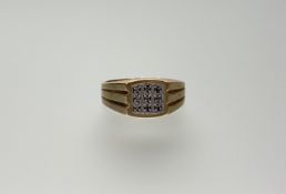 A Canadian 10k gold ring set three rows of diamond points 4/5 6.85g