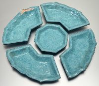 A decorative metal enamelled nibbles dishes, in four split compartments and one centre, in a