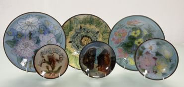 A collection of Chelsea Pottery dipped bowls comprising, a blue flower design by Mary Fenton (w-
