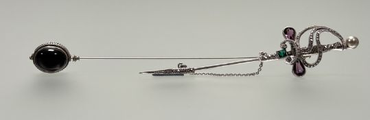 A modern silver continental rapier marcasite and paste set cloak pin with safety chain: l. x 11cm