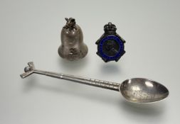 A modern Birmingham silver screw top bell shaped pill box with mouse to top: h. x 4cm, a