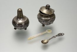 A Chinese two piece silver condiment set comprising a cauldron mustard pot: d. x 4cm and salt