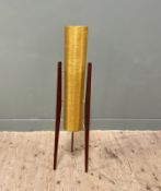 A classic 1960/70s rocket lamp with teak splay supports and an acrylic yellow shade (h. 113cm) (