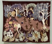 A modern hand-knotted wool tapestry, depicting a tribal scene with figures, animals and floral