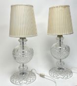 A pair of large Irish crystal table lamps by Galway Crystal, complete with pleated cream shades (