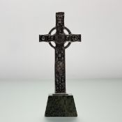 A silver plated Iona Cross on green polished hardstone base: h. x 20cm l. x 8cm w. x 3.5cm