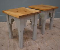 A pair of contemporary hand-crafted pine and oak occasional tables, square oak tops with pierced