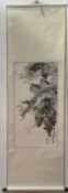 A 20thc Chinese School silk scroll depicting perched on a grape tree, watercolour on paper, with red