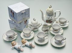 An Iridescent Porcelain tea service with chrysanthemums and bird decoration comprising, a lidded