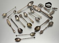 A collection of silver to include three Birmingham silver golfing coffee spoons, a silver butter