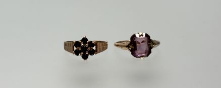 A 9ct gold sapphire seven stone cluster ring N/O 2.68g and a gilt metal mounted amethyst coloured