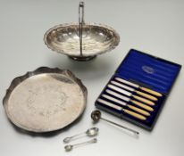 A collection of epns to include a drink serving circular gallery tray: d. x 29cm, a swing handle