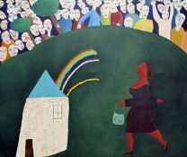 Jane Zednik (Canadian 1953-), Untitled - Woman walking to a house various bald head figures behind