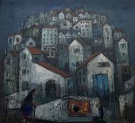 Flora Wood (Scottish 1908-1998), Walled Village, mixed media, signed bottom left, paper label verso,