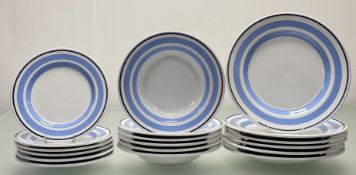 A The Pier Italian hand-painted blue striped ceramic plates comprising, six plates (w-20cm), six