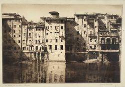 Alfred Blundell (1883-1968) etching - Old Houses on the Arno, Florence, signed and inscribed, 24 x 3