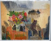 Annelise Firth (b.1961) oil on canvas still life study- Vase of flowers in studio setting, signed an