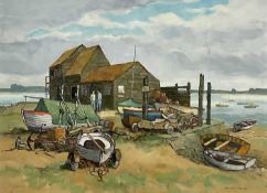 Matthew Prater, contemporary, oil on board - The Boat Yard, signed, in glazed frame, 44cm x 59cm